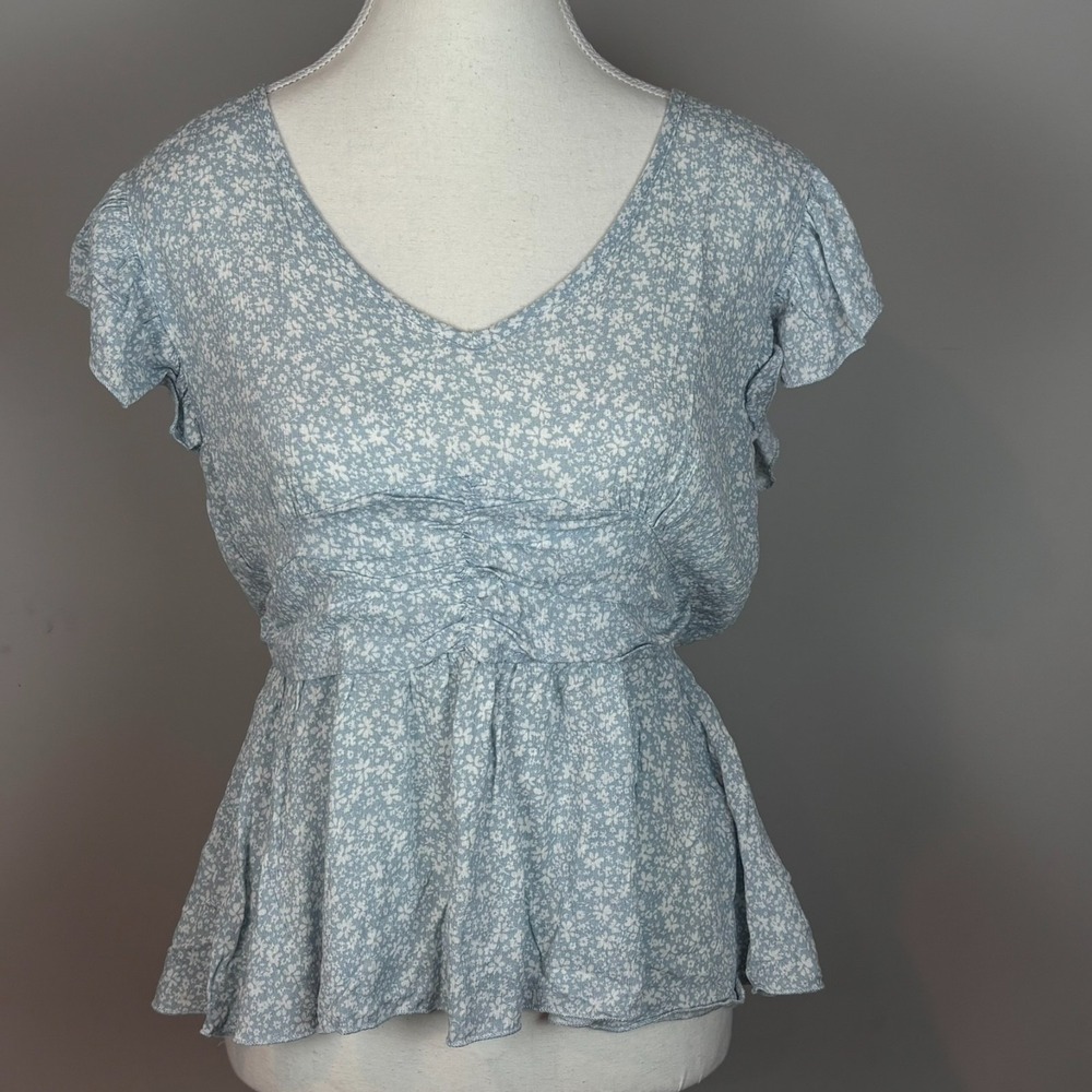 Chocolate Womens Blue Floral Ruffle Baby Doll Empire waist top SZ LG Cottagecore